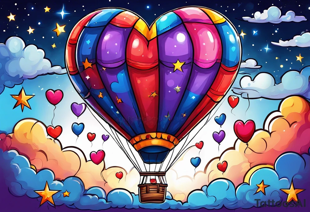 blue, red, pink, yellow, purple ballon on a starry sky lifting  heart a star and a plush dinosour tattoo idea