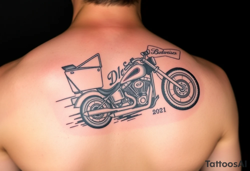 An arm tattoo with Dale Earnhardt car on it with the year 1958 - 2021 intertwined with a motorcycle with a Budweiser logo on it tattoo idea