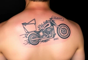 An arm tattoo with Dale Earnhardt car on it with the year 1958 - 2021 intertwined with a motorcycle with a Budweiser logo on it tattoo idea
