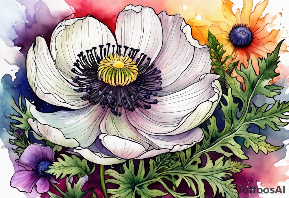 one white anemone with black center in the middle of equal sized mixed colorful wildflowers all with different shapes including thistles, ferns, ranuculus, and sun flowers all in watercolor tattoo idea