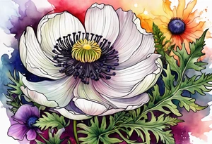 one white anemone with black center in the middle of equal sized mixed colorful wildflowers all with different shapes including thistles, ferns, ranuculus, and sun flowers all in watercolor tattoo idea