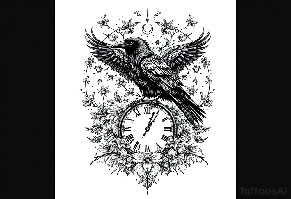 mandala black raven surrounded by flowers standing on a clock face tattoo idea