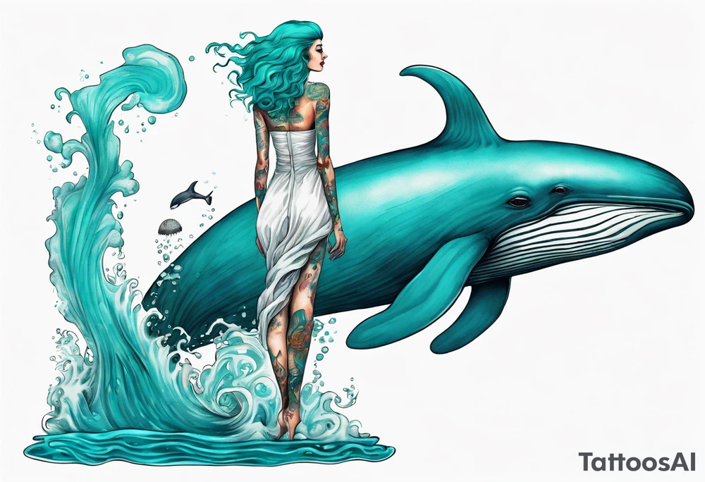 a tall woman made of water with turquoise hair standing on the back of a whale tattoo idea