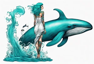 a tall woman made of water with turquoise hair standing on the back of a whale tattoo idea