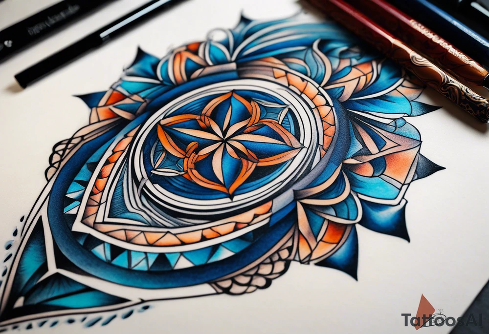 semi Detailed neo traditional knee tattoo flat on paper. The tattoo features geometric patterns and bold lines, creating a visually striking design with slight tints of deep fall colors. The background 
outside the tattoo features deep blues washes and water swirls tattoo idea