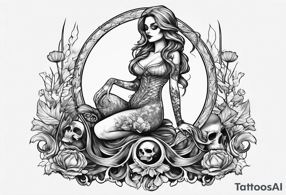 Skeleton mermaid sitting on tock tattoo idea