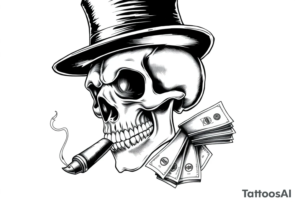 skull with mustache,a big cigar in his mouth,a top-hat on his head and alot of money in a hand. tattoo idea