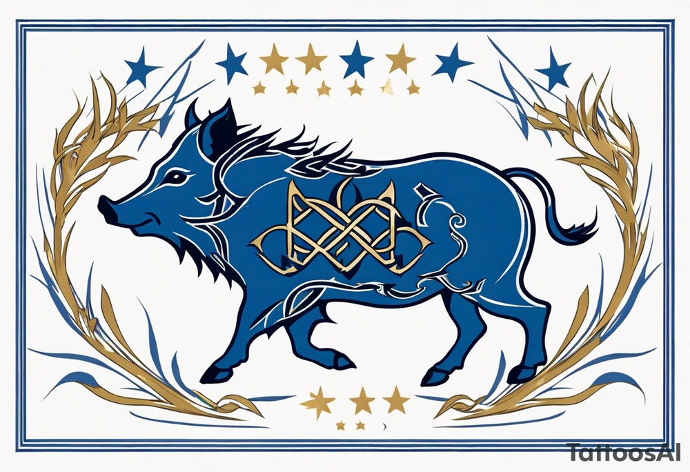 Side profile, Celtic, tribal, wild boar, On a Chatwin family crest with blue background, two gold stars, and a gold Chevron, and a Thistle tattoo idea