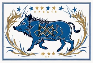 Side profile, Celtic, tribal, wild boar, On a Chatwin family crest with blue background, two gold stars, and a gold Chevron, and a Thistle tattoo idea