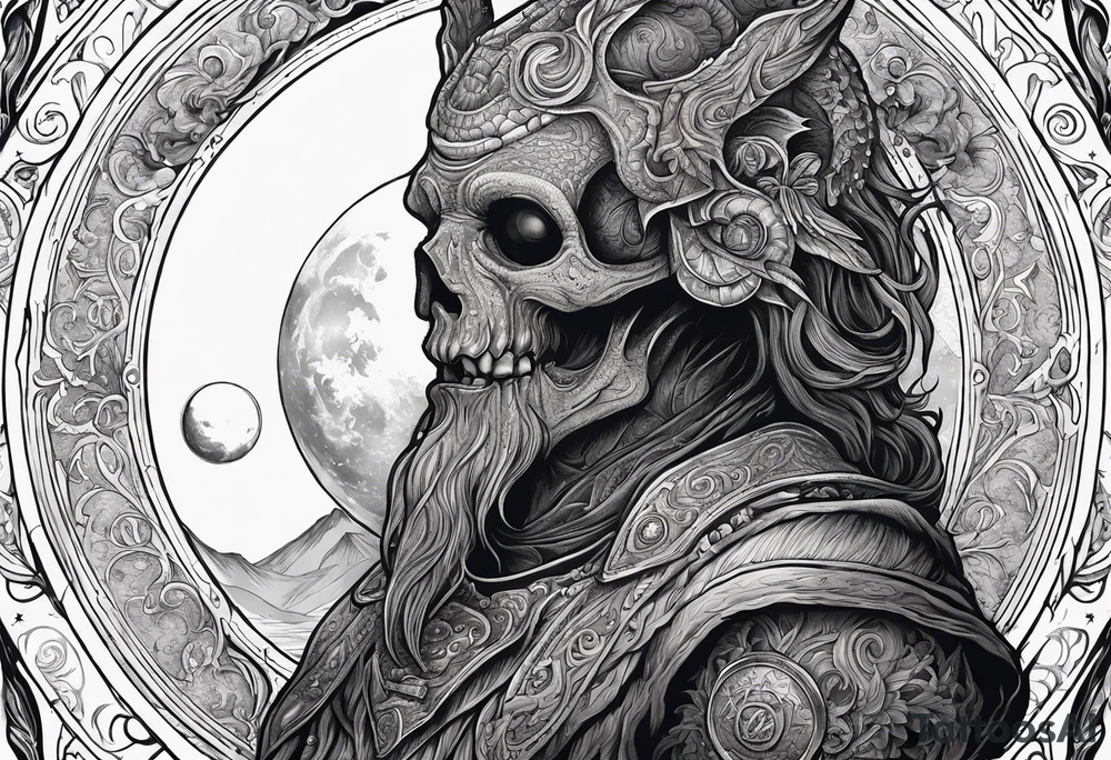 Beautiful Eldridge horror creature, astrology scene tattoo idea
