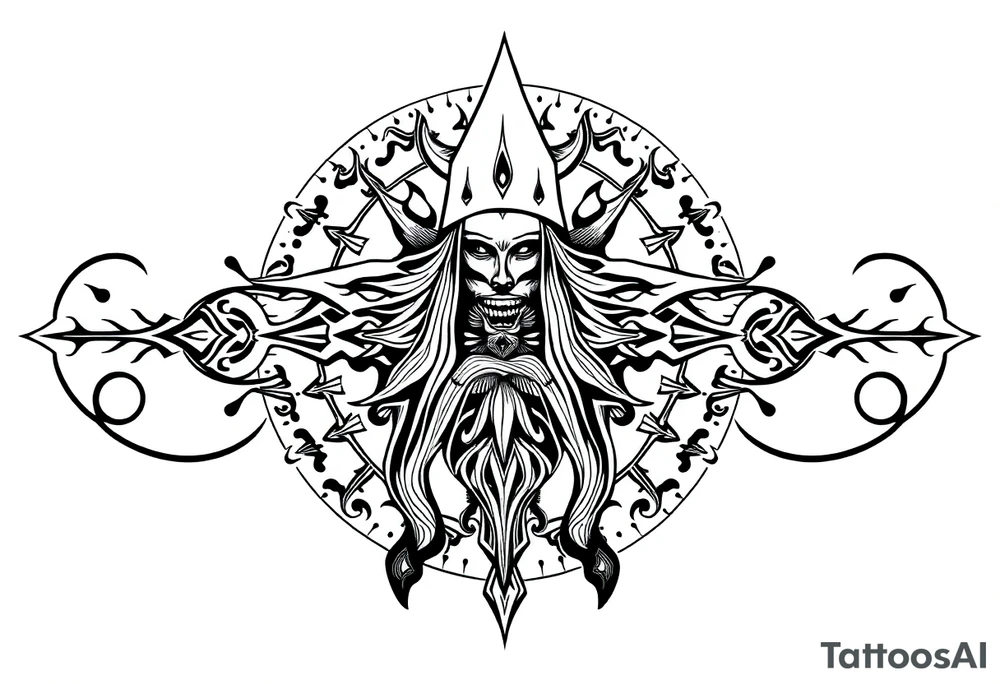 mystical dark and long ornament with shaman and witch mytolog and ancient rhyme tattoo idea