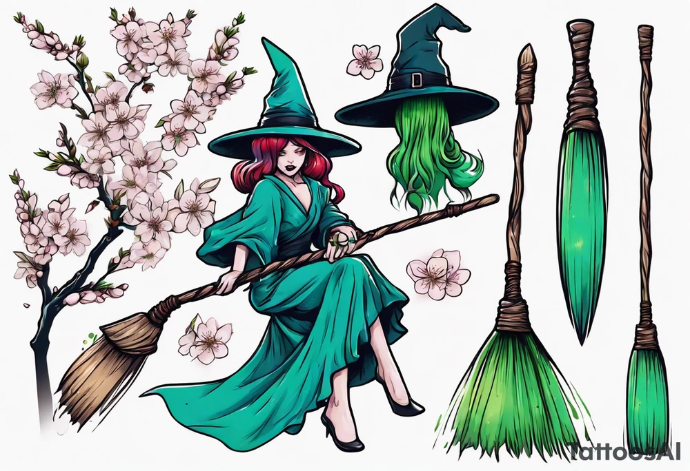 blue and green witch broom with cherry blossoms tattoo idea