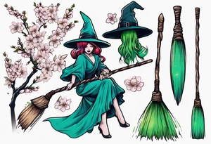 blue and green witch broom with cherry blossoms tattoo idea