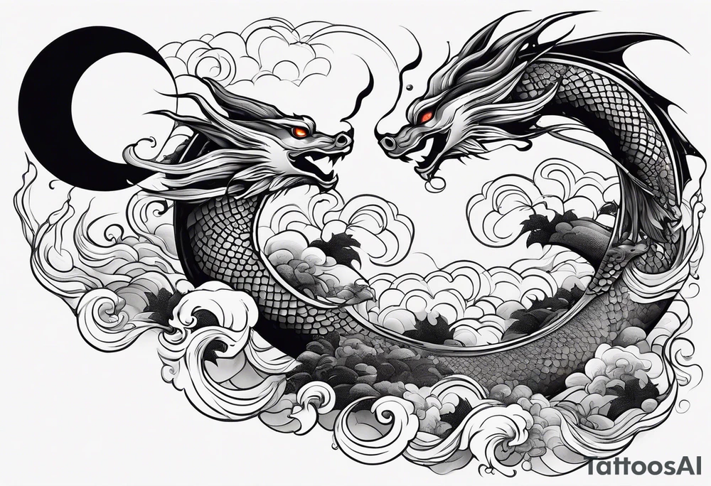 Small simple dragons fying over crescent moon which is on top of abstract ocean surface and 1 japanese koi fish with abstract smoke, and whole tattoo has a trippy feel tattoo idea