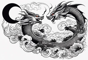 Small simple dragons fying over crescent moon which is on top of abstract ocean surface and 1 japanese koi fish with abstract smoke, and whole tattoo has a trippy feel tattoo idea