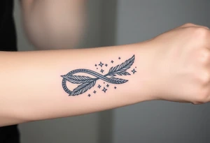 infinity symbol woven with floating feathers and stardust tattoo idea
