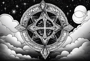 stars, clouds, cross, gemini, success, winning tattoo idea