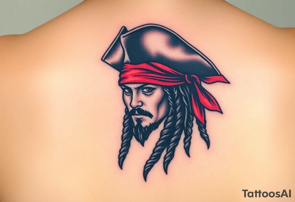 A stylized Jack Sparrow with exaggerated pirate hat and wild dreadlocks, done in bold black ink with deep red highlights for the bandana tattoo idea