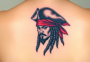 A stylized Jack Sparrow with exaggerated pirate hat and wild dreadlocks, done in bold black ink with deep red highlights for the bandana tattoo idea