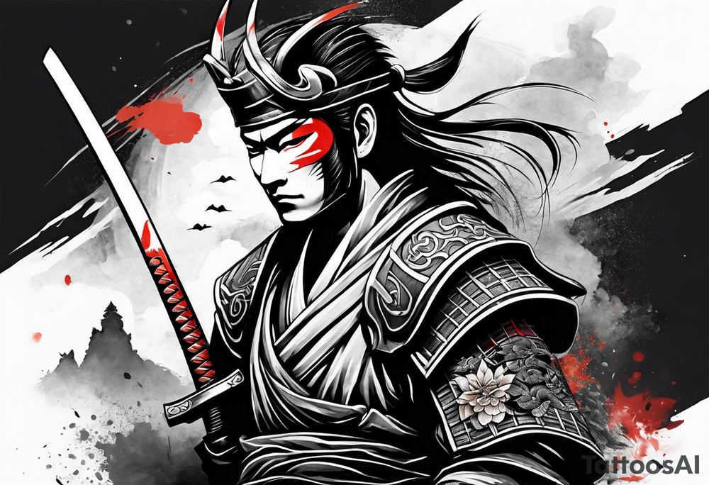 Samurai full sleeve with kitsune mask tattoo idea