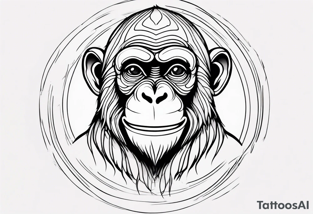 Create an abstract happy monkey outline in a small disconnected circle tattoo idea