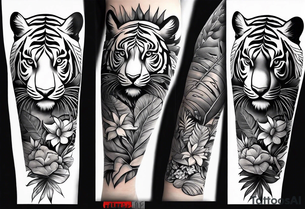 Full tattoo sleeve with minimalist tiger, monstera foliage, beach landscape tattoo idea