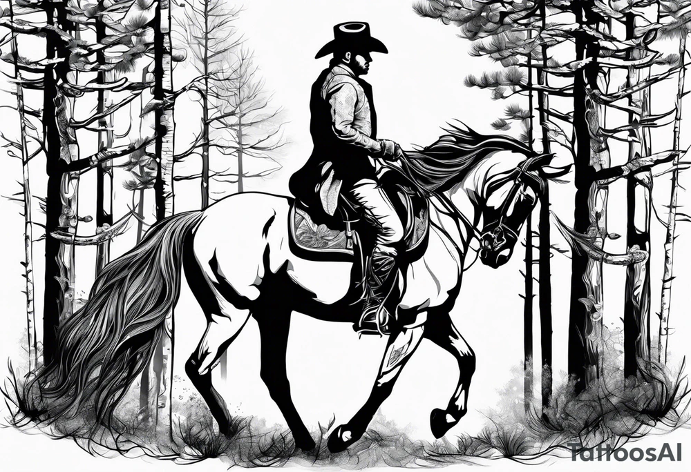 Rider on horseback with head down with aspen and pines tattoo idea