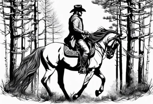 Rider on horseback with head down with aspen and pines tattoo idea