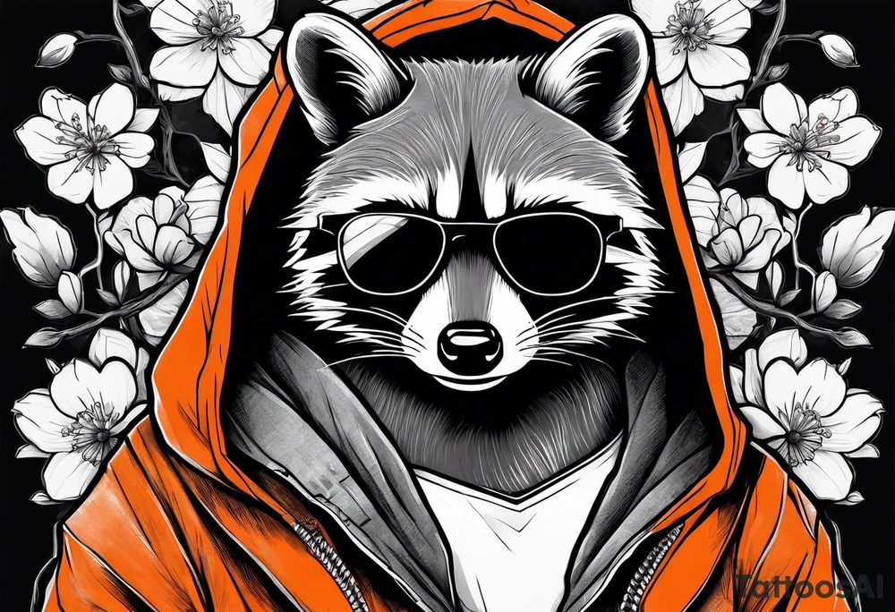 raccoon wearing a black and white Superman hoodie and orange Japanese cherry blossoms tattoo idea