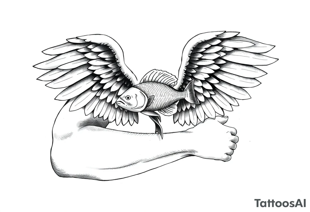 angel wings with fish inside tattoo idea