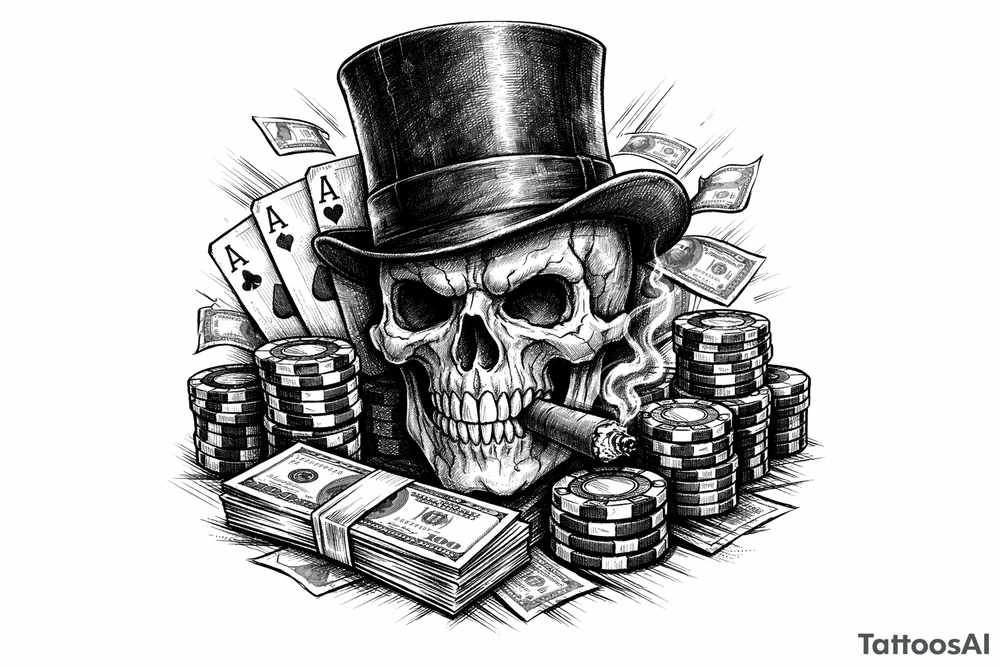 skull with cigar in his mouth,top-hat surrounded by poker-chips,paying cards and money. tattoo idea