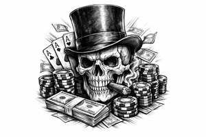 skull with cigar in his mouth,top-hat surrounded by poker-chips,paying cards and money. tattoo idea