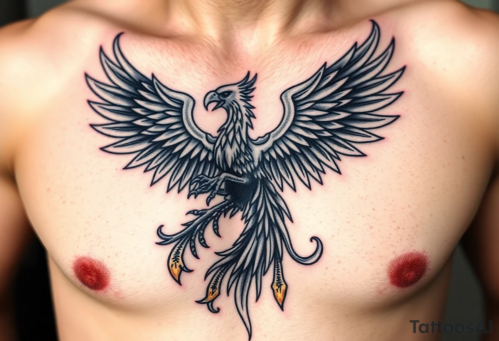 magnificent phoenix rising from golden flames with trailing embers made into a Irish family crest with dark and Demonic features tattoo idea