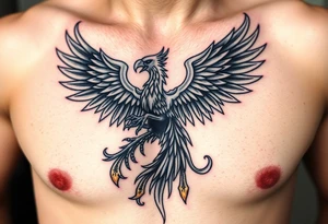 magnificent phoenix rising from golden flames with trailing embers made into a Irish family crest with dark and Demonic features tattoo idea