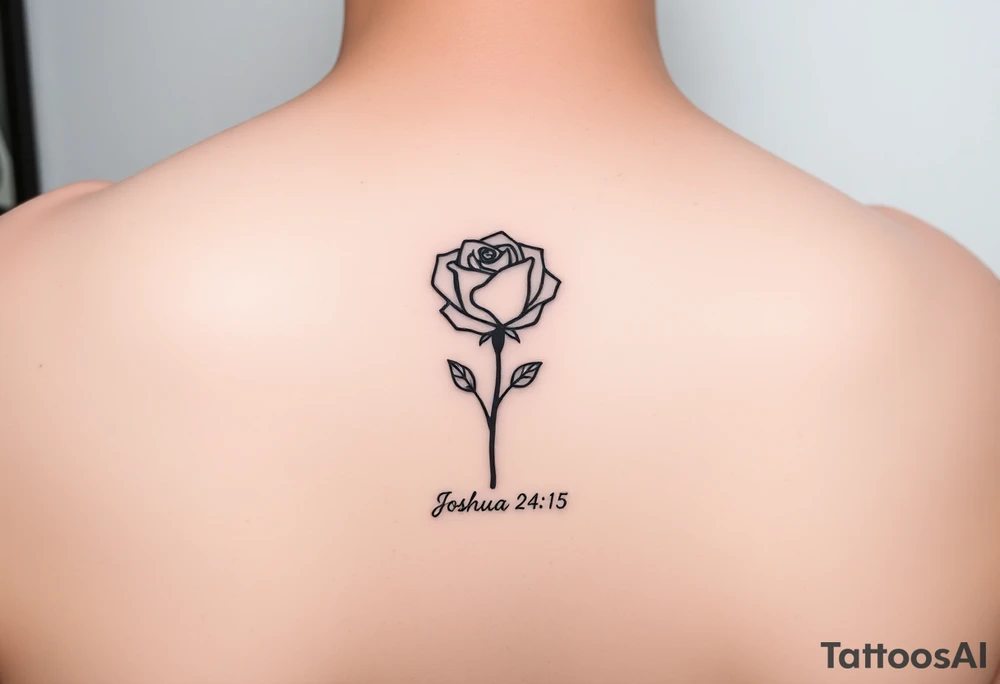 fine-line rose on my inner wrist, with the stem flowing down into the word Joshua 24:15 in tiny clean text underneath. Blessed added tattoo idea