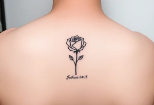 fine-line rose on my inner wrist, with the stem flowing down into the word Joshua 24:15 in tiny clean text underneath. Blessed added tattoo idea