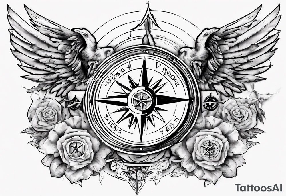 Chest tatoo with sun and letters and compass and angels tattoo idea