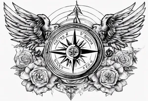 Chest tatoo with sun and letters and compass and angels tattoo idea