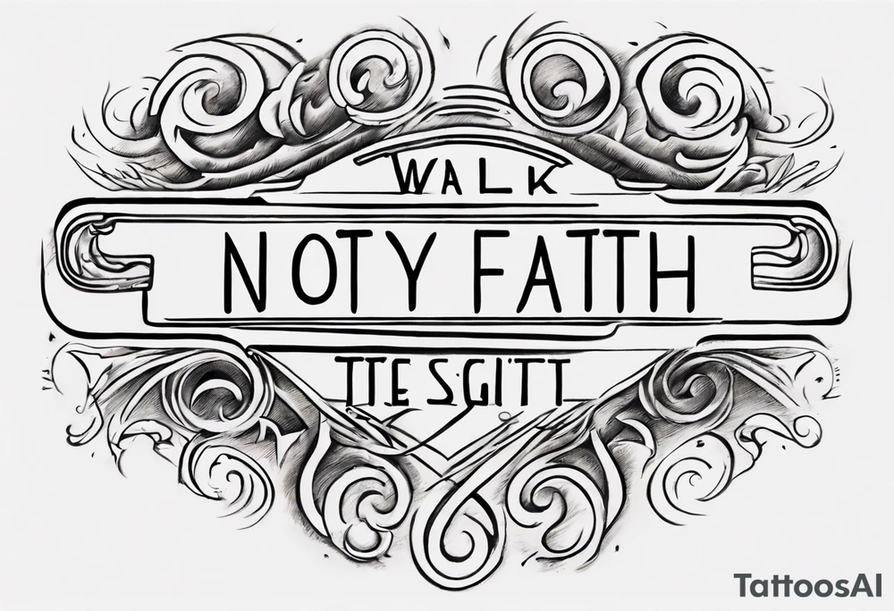 Horizontal inner bicep tattoo. “walk by faith, not by sight” stairwell wrapping around the quote. This design captures the essence of the journey guided by faith. tattoo idea