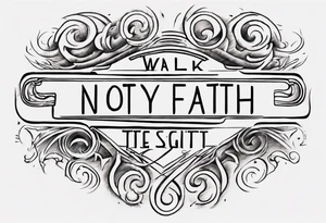 Horizontal inner bicep tattoo. “walk by faith, not by sight” stairwell wrapping around the quote. This design captures the essence of the journey guided by faith. tattoo idea