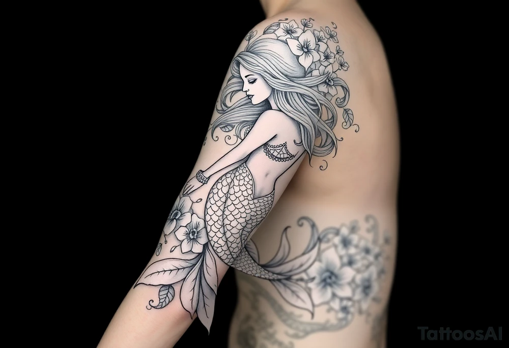 ethereal mermaid with flowing hair among coral and sea flowers tattoo idea