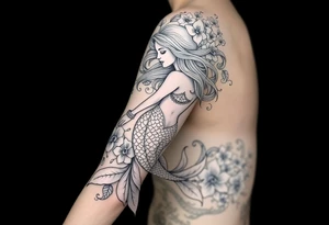 ethereal mermaid with flowing hair among coral and sea flowers tattoo idea