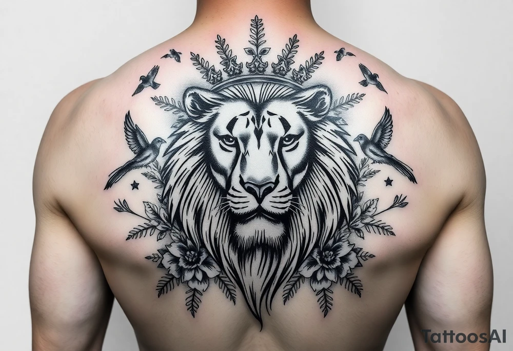 powerful majestic lion with a crown, surrounded by floral ornaments and birds tattoo idea