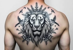 powerful majestic lion with a crown, surrounded by floral ornaments and birds tattoo idea