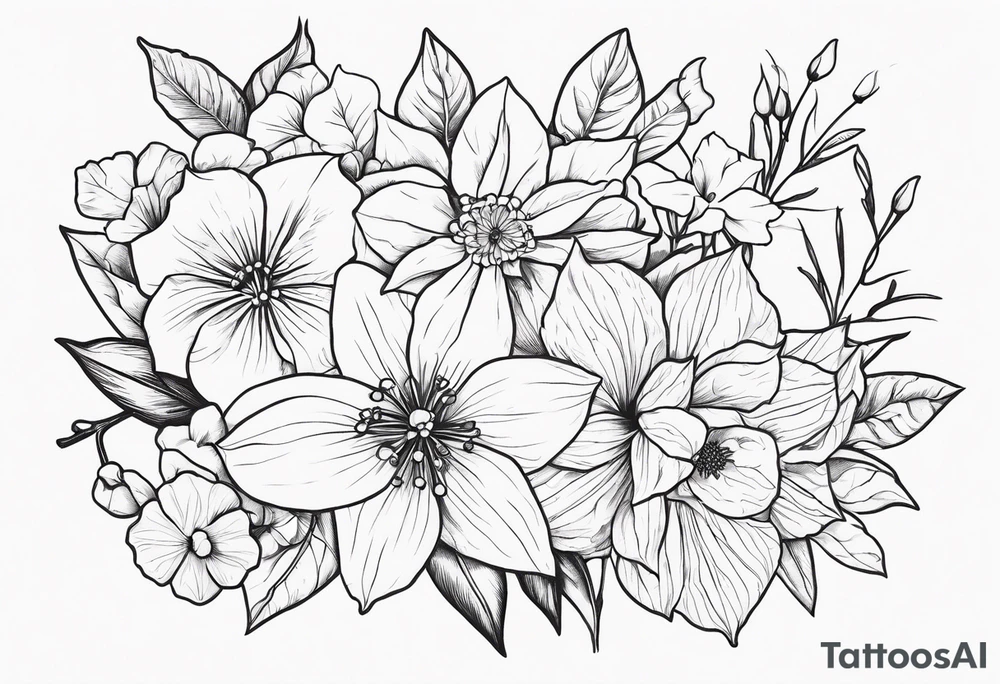 Narcissus, Poinsettia, Holly, Gladiolus, Poppy, Daisy, Sweet Pea and Hydrangea tattoo idea