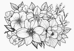 Narcissus, Poinsettia, Holly, Gladiolus, Poppy, Daisy, Sweet Pea and Hydrangea tattoo idea
