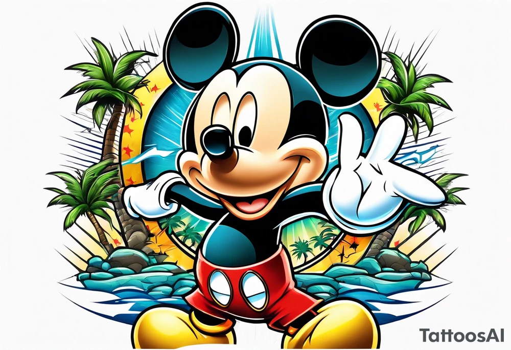 mickey mouse holding lightning with palm trees doing martial arts tattoo idea