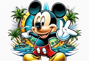 mickey mouse holding lightning with palm trees doing martial arts tattoo idea