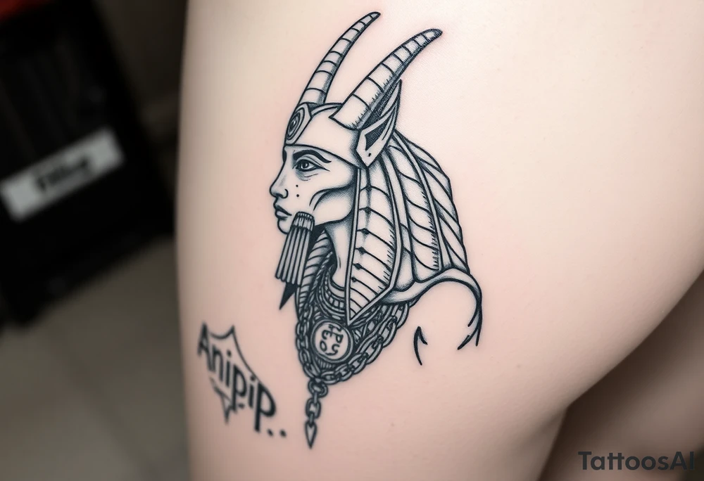 "Anubis as a 1990s L.A. gangster: gold chains, Crip bandana. His staff is a satellite antenna. Floating Eye of Horus is a blockchain audit log.  

Style: Hyper-detailed blackwork. Thigh/calf placement." tattoo idea