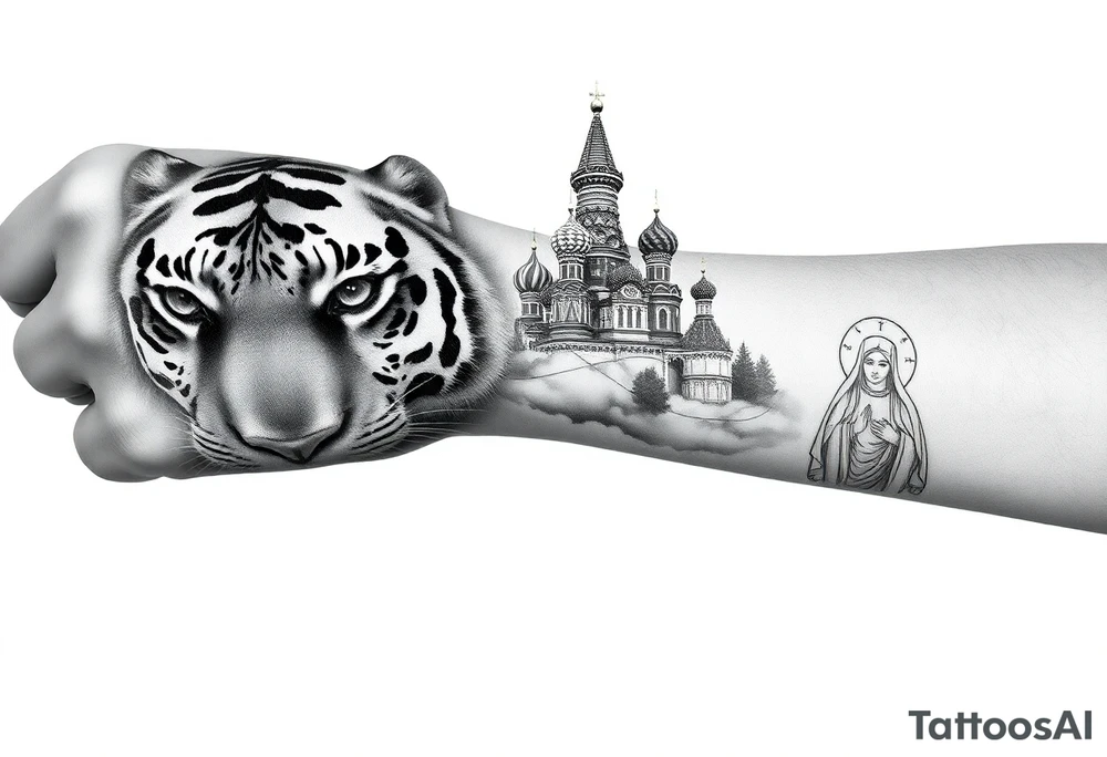 Realistic tiger face on the back of the hand with strong contrast and fine detail with all black eyes. then a highly detailed Russian Orthodox cathedral sitting above on fore arm with onion domes and orthodox crosses, done in fine line, engraving-like style. Cohesive composition, black ink only, no color, high contrast, slightly aged, documentary-style, plain light background. with clouds above and a virgin mary tattoo idea